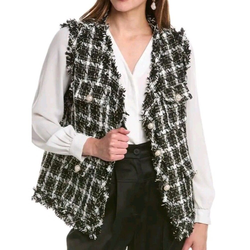 Beulah Black White Gold Pane Plaid Fringe Tweed Woven Button Up Vest M/L